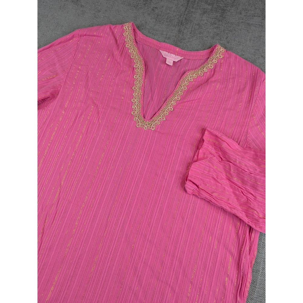 Lilly Pulitzer Tunic Shirt Women L Pink Gold Lurex Stripe Embroidered V-Neck Top